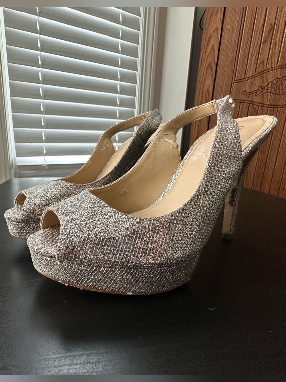 Michael Kors Glitter Peep-Toe Slingback Heels in Silver